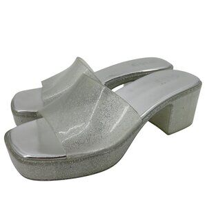 Play Women 7 US Silver Glitter Chunky Heel Platform Slide Shoes Sandals Costume